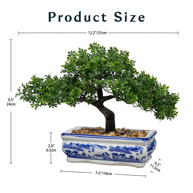 Briful Artificial Bonsai Tree with Blue and White Porcelain Pot, Fake Pine Bonsai for Home Office Desk Decor, Oriental Zen Tabletop Decoration, Faux Bonsai Plant for Living Room, Shelf & Gift - Image 2