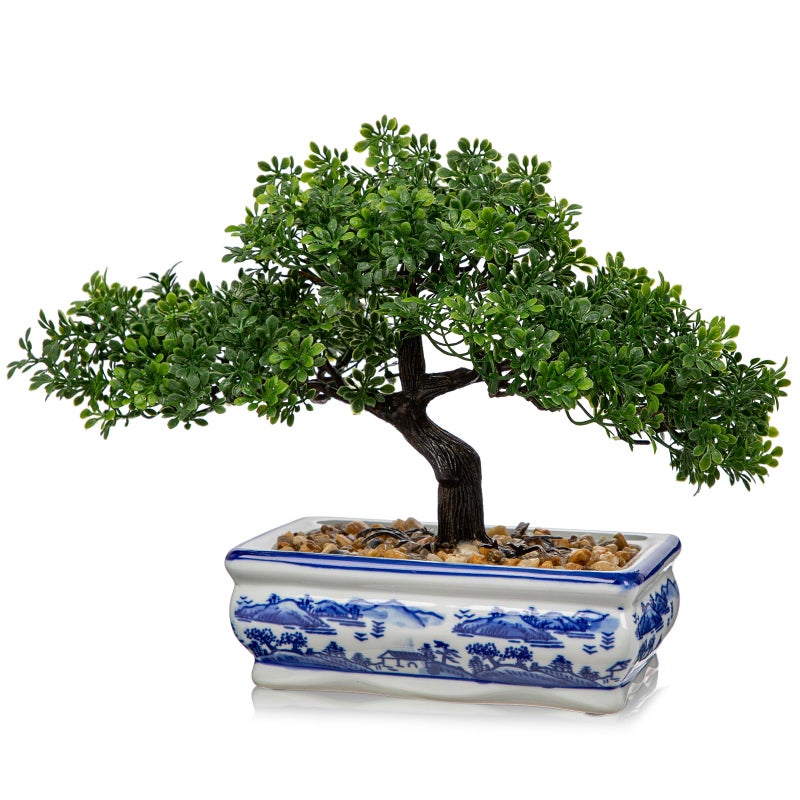 Briful Artificial Bonsai Tree with Blue and White Porcelain Pot, Fake Pine Bonsai for Home Office Desk Decor, Oriental Zen Tabletop Decoration, Faux Bonsai Plant for Living Room, Shelf & Gift - Image 1