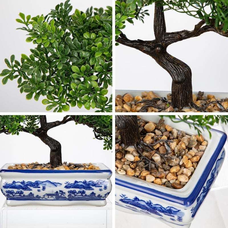 Briful Artificial Bonsai Tree with Blue and White Porcelain Pot, Fake Pine Bonsai for Home Office Desk Decor, Oriental Zen Tabletop Decoration, Faux Bonsai Plant for Living Room, Shelf & Gift - Image 3