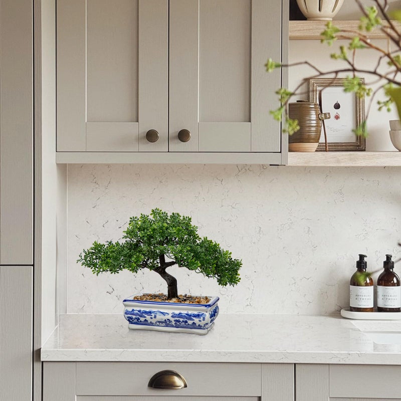 Briful Artificial Bonsai Tree with Blue and White Porcelain Pot, Fake Pine Bonsai for Home Office Desk Decor, Oriental Zen Tabletop Decoration, Faux Bonsai Plant for Living Room, Shelf & Gift - Image 5