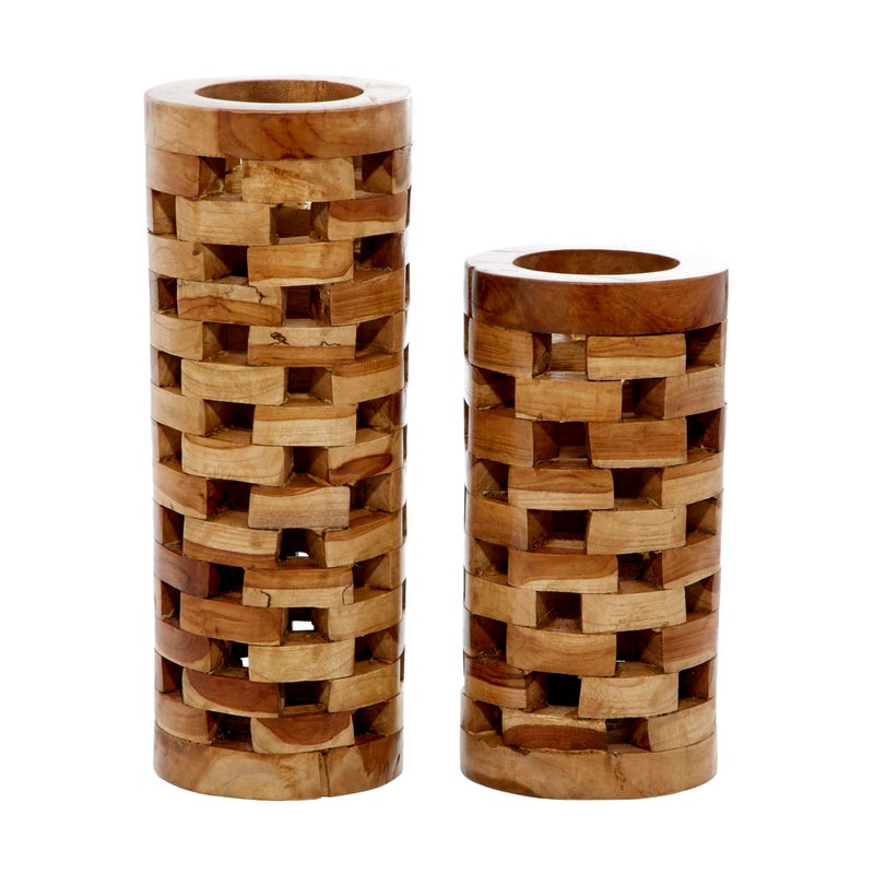 Deco 79 Teak Wood Handmade Decorative Vase Centerpiece Vases with Cut Out Patterns, Set of 2 Vases for Home Decoration 16", 12" H, Brown - Image 1