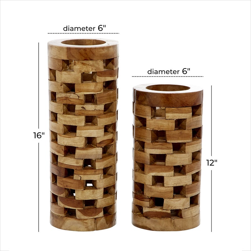 Deco 79 Teak Wood Handmade Decorative Vase Centerpiece Vases with Cut Out Patterns, Set of 2 Vases for Home Decoration 16", 12" H, Brown - Image 3
