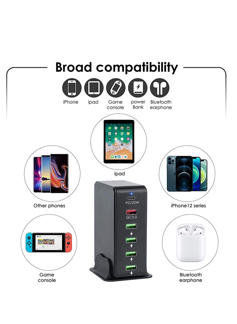 SYOSI Charger Block 6 in 1, 65W USB C Charger 3A, Charging Hub with 6 USB Ports for Multiple Electronics, USB Charging Station Multiports, Universal Desktop Phone Charger Travel Ready (Black) - Image 3