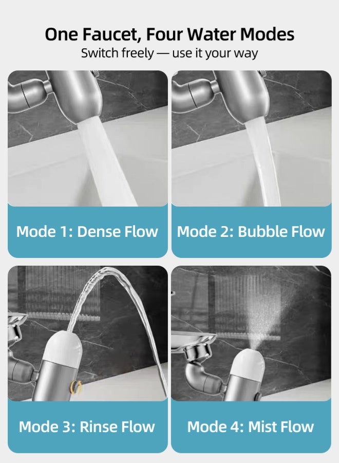 Zcheer Multi-Function Swivel Faucet Aerator & Extender – Universal Pressure Splash-Proof Rotating Faucet Sprayer for Kitchen & Bathroom, 4 Water Modes: Dense Flow, Bubble, Mouthwash & Mist, Filtered & Adjustable - Image 4