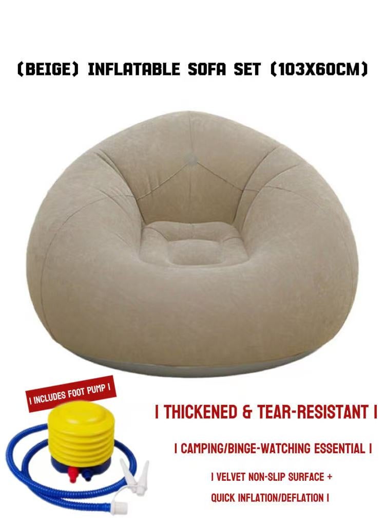 TNGames Thickened & Tear-Resistant! Plush Skin-Friendly Inflatable Sofa Set (Beige) 103x60cm | Portable Foldable Sofa for Living Room/Camping | Includes Footrest & Pump | Upgraded Durable Version - Image 1