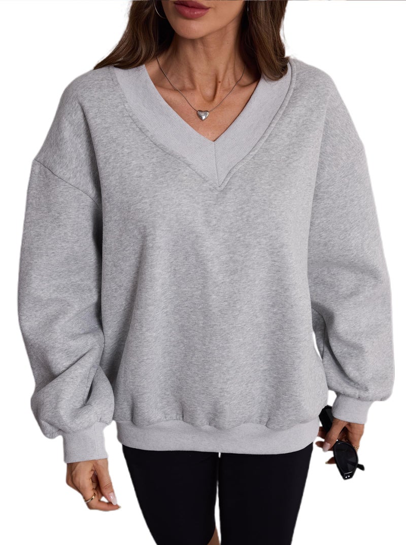 Hilinker Womens V Neck Oversized Sweatshirts Cute Pullover Drop Shoulder Long Sleeve Tops Grey 3X-Large - Image 5