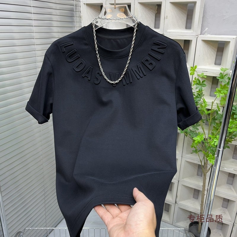 Stretch Ice Silk T-Shirt Men'S Short-Sleeved Fashion Brand Loose Steel Print Base Shirt All-Match Letter Solid Color Top - Image 2