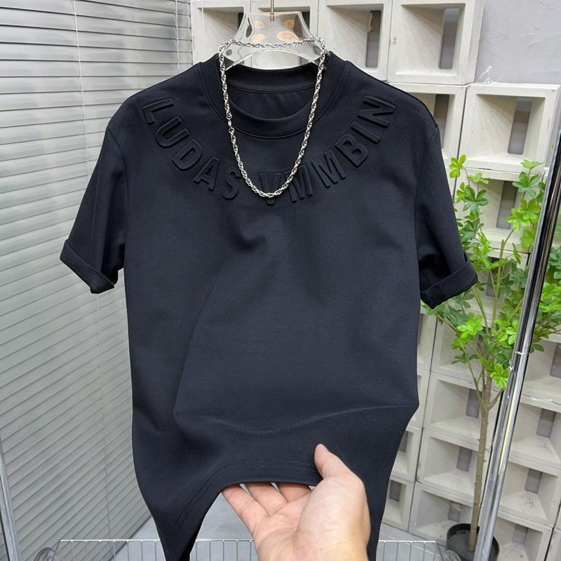 Stretch Ice Silk T-Shirt Men'S Short-Sleeved Fashion Brand Loose Steel Print Base Shirt All-Match Letter Solid Color Top - Image 1