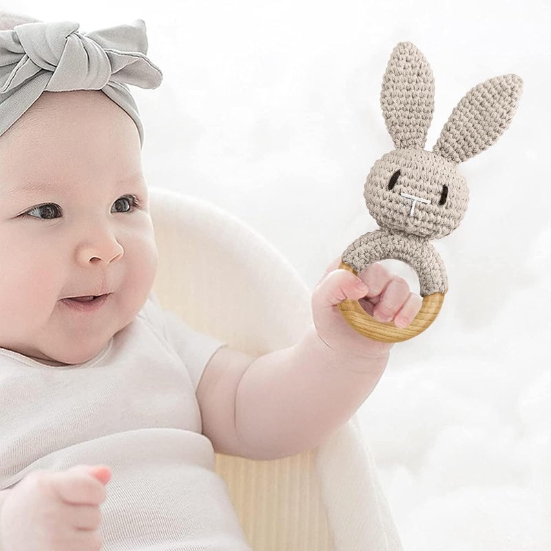 Wooden Baby Rattle - Cute Grey Rabbit Design for Infants 0-6 Months - Image 4
