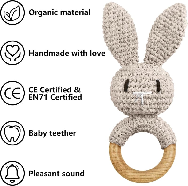 Wooden Baby Rattle - Cute Grey Rabbit Design for Infants 0-6 Months - Image 3