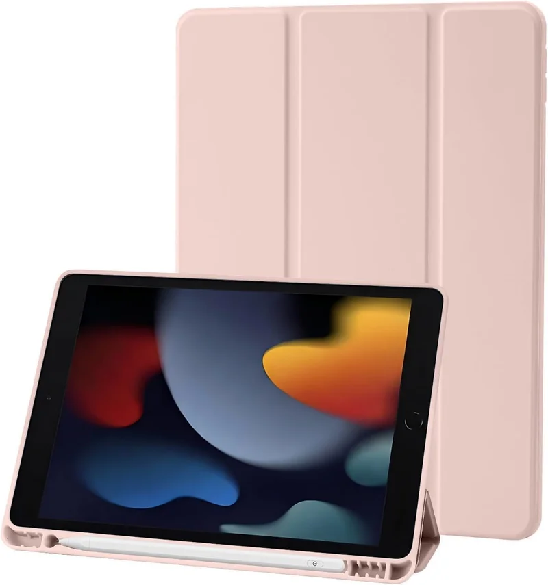 بلو بيك جراب iPad 10.2 متوافق مع الجيل التاسع/الثامن/السابع من iPad - غطاء حماية ثلاثي الطي مع حامل قلم، خاصية التشغيل/الإيقاف التلقائي، جراب ذكي - وردي