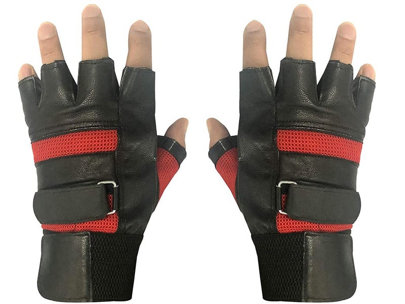 Drauss® Macho Unisex Professional Wrist Wrap Support Real Leather Tactical Thumb Stretch Back Weightlifting Gym Gloves for Palm and Wrist Protection (Red) - Image 1