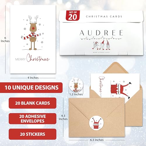 AUDREE Christmas Cards With Envelopes & Matching Stickers (20 Pack 4"x6") - Assortment Boxed Holiday Card - Perfect for Happy Holidays Cards, Xmas Card - Thoughtful Gift Idea for Friends and Family - Image 2