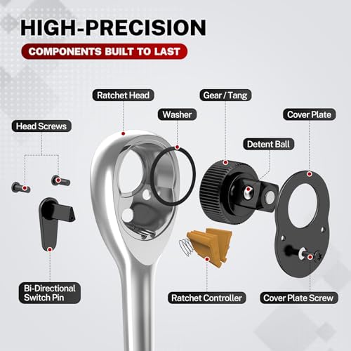 TOMMARS 3/8 inch Drive Ratchet, CR-MO Gear Quick-Release Socket Ratchet Wrench Handle Reversible 72-Tooth, Gift for Men Mechanic Hand Tools - Image 3
