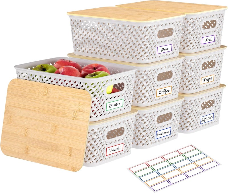 Anysig 8 Packs Plastic Storage Bins with Bamboo Lids - Stackable Storage Bins Decorative Small Basket Containers for Organizing Shelves Office Classroom Desktop Closet, Cream White - Image 1