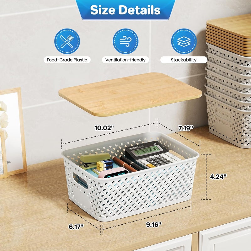 Anysig 8 Packs Plastic Storage Bins with Bamboo Lids - Stackable Storage Bins Decorative Small Basket Containers for Organizing Shelves Office Classroom Desktop Closet, Cream White - Image 2
