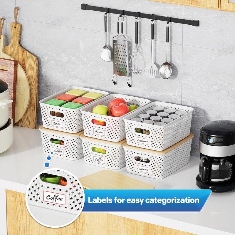 Anysig 8 Packs Plastic Storage Bins with Bamboo Lids - Stackable Storage Bins Decorative Small Basket Containers for Organizing Shelves Office Classroom Desktop Closet, Cream White - Image 5
