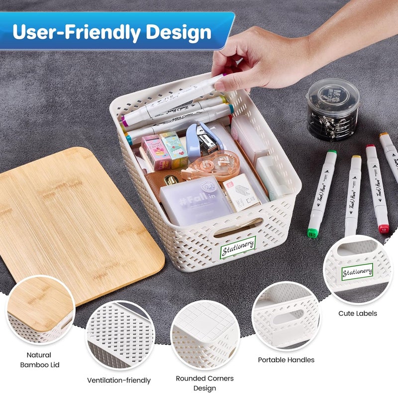 Anysig 8 Packs Plastic Storage Bins with Bamboo Lids - Stackable Storage Bins Decorative Small Basket Containers for Organizing Shelves Office Classroom Desktop Closet, Cream White - Image 3