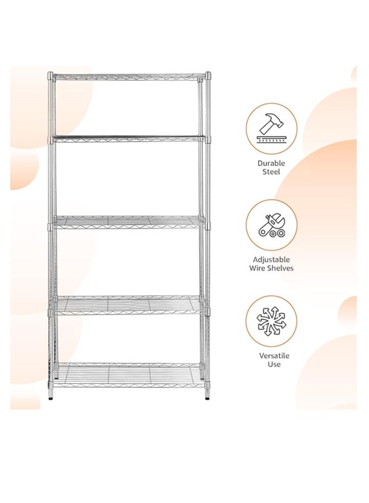Generic 5-Shelf Adjustable Shelving Wire Metal Storage Rack, Heavy Duty Storage Shelving Unit, Steel Organizer Wire Rack, Silver (60*35*150 cm)  - Image 2