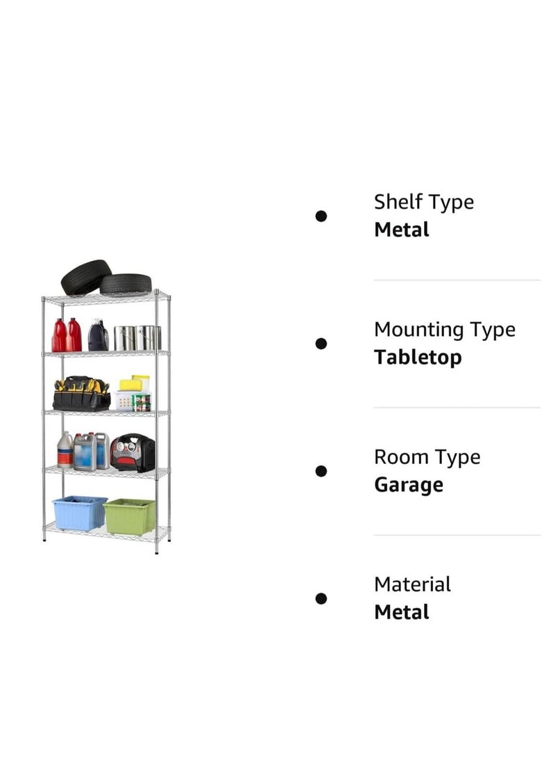 Generic 5-Shelf Adjustable Shelving Wire Metal Storage Rack, Heavy Duty Storage Shelving Unit, Steel Organizer Wire Rack, Silver (60*35*150 cm)  - Image 3