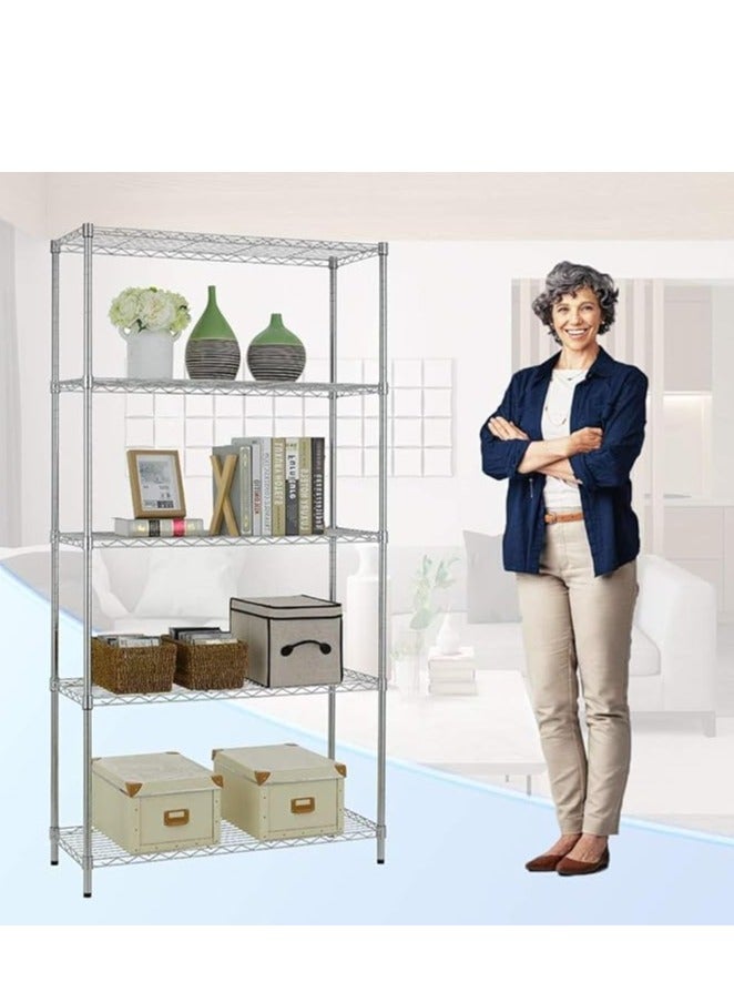 Generic 5-Shelf Adjustable Shelving Wire Metal Storage Rack, Heavy Duty Storage Shelving Unit, Steel Organizer Wire Rack, Silver (60*35*150 cm)  - Image 1