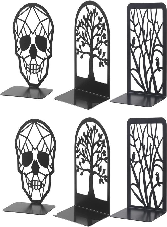 Moocci 3Pairs Metal Bookends Skull Decorative, Fortune Tree Design and Resting Bird Design, Decorative Bookend Black Book Ends - Image 1