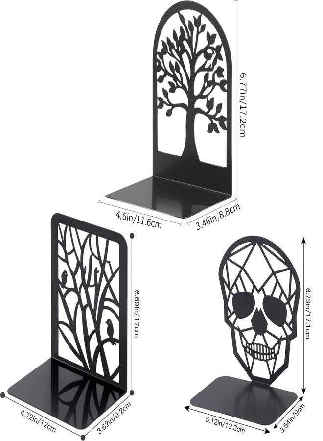 Moocci 3Pairs Metal Bookends Skull Decorative, Fortune Tree Design and Resting Bird Design, Decorative Bookend Black Book Ends - Image 2