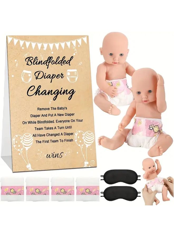 Diaper Changing Game Set With 4 Brown Diapers 2 Eye Masks For Baby Shower Party - Image 1