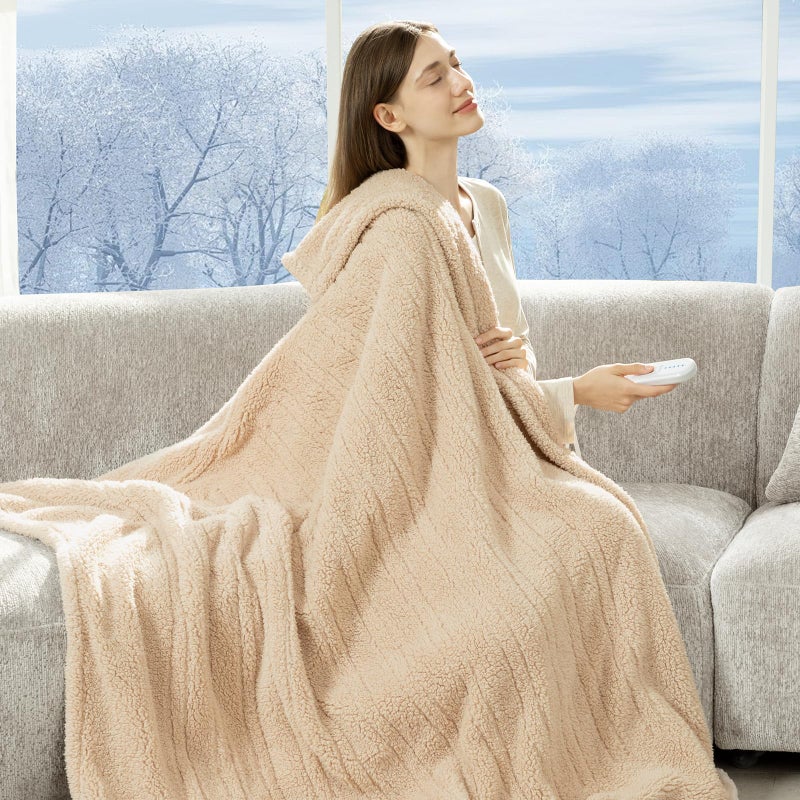 LUZARTA Heated Throw Blanket 50"X60"- Soft Double Sided Sherpa Electric Throw Blanket with 5 Heatings Levels & 4 hrs Auto Shut Off, Overheat Protection & ETL Certified for Women(Beige) - Image 1