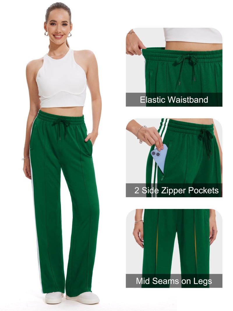 Tapata Long Women 32" Inseam Warm Up Track Pants Wide Leg Sweatpants Lightweight Side Stripe Ladies Slacks Workout, Green, M - Image 4
