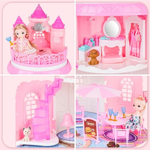 deAO Doll House for Girls Portable Playset Dollhouse Castle Kids Pretend Play with 2 Doll Toy FiguresLiving RoomBedroomBalcony Accessories for 3 to 7 Year Olds Kids Pink - Image 5