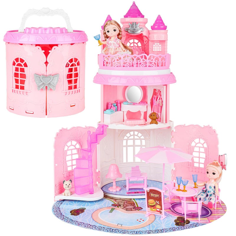 deAO Doll House for Girls Portable Playset Dollhouse Castle Kids Pretend Play with 2 Doll Toy FiguresLiving RoomBedroomBalcony Accessories for 3 to 7 Year Olds Kids Pink - Image 3