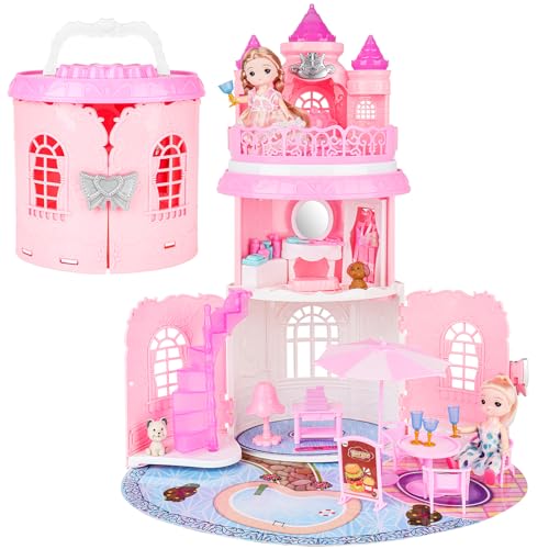 deAO Doll House for Girls Portable Playset Dollhouse Castle Kids Pretend Play with 2 Doll Toy FiguresLiving RoomBedroomBalcony Accessories for 3 to 7 Year Olds Kids Pink - Image 1