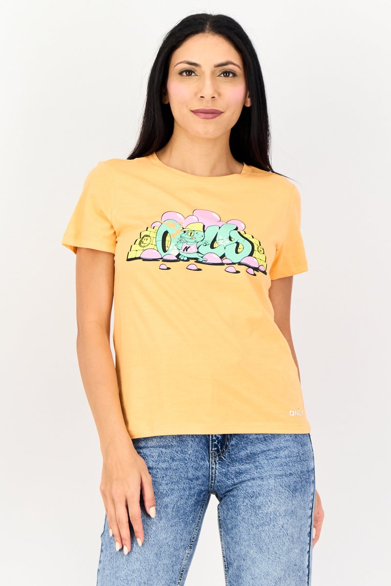 ONLY Women Round Neck Short Sleeve Graphic Print T-Shirt, Orange - Image 1