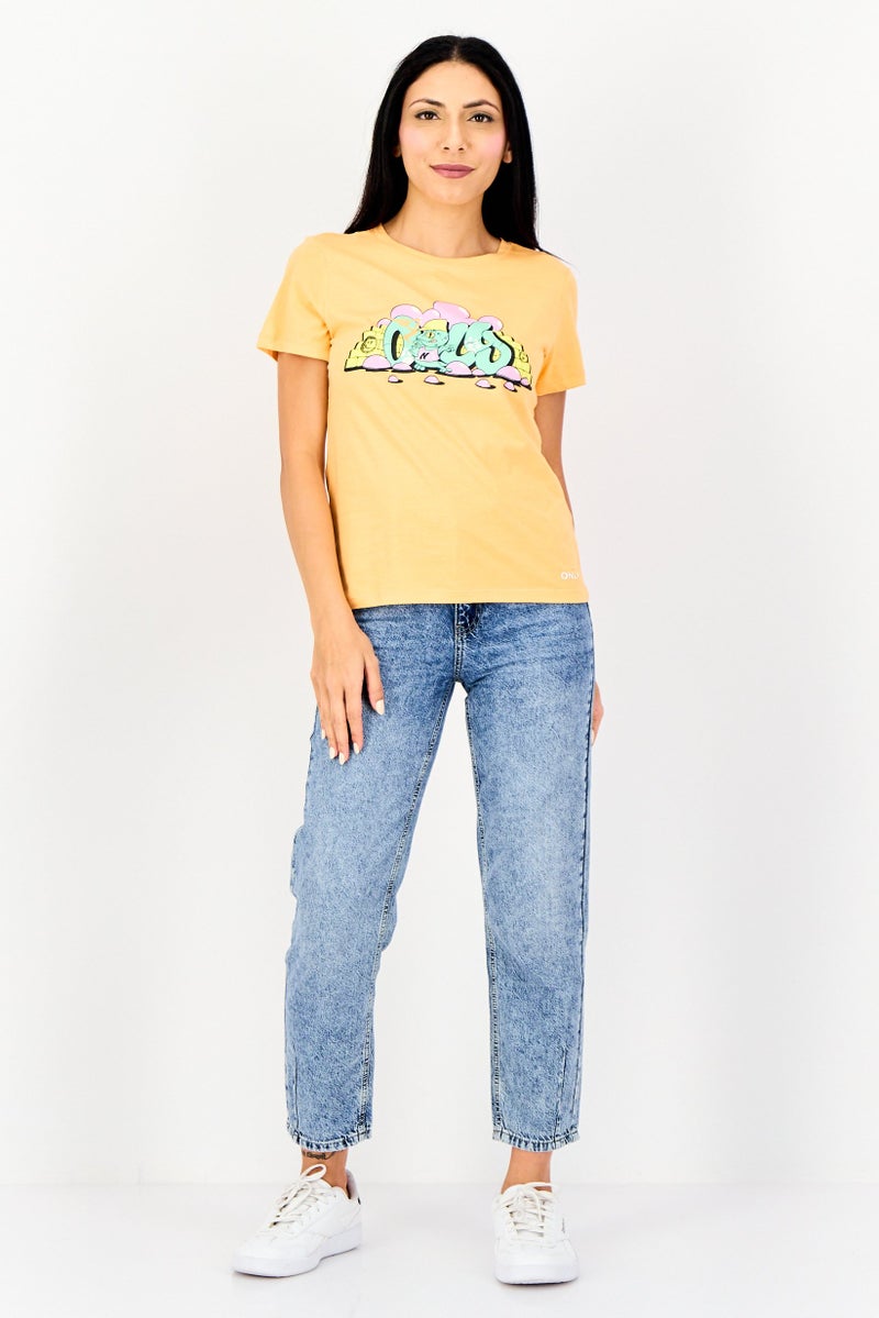 ONLY Women Round Neck Short Sleeve Graphic Print T-Shirt, Orange - Image 3