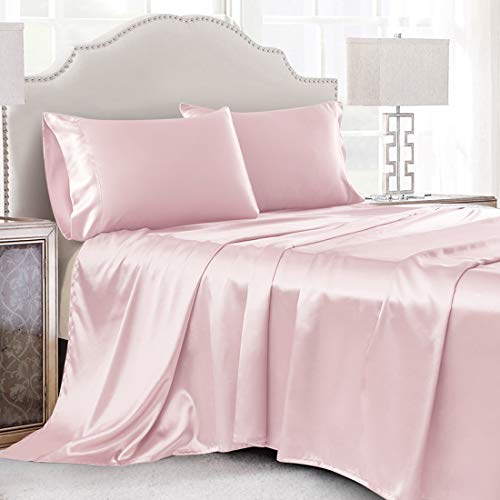 Cobedzy 4 Pcs Blush Pink Satin Sheets Full Size Silky Satin Bedding Sheets Set with 1 Deep Pocket Fitted Sheet, 1 Flat Sheet, 2 Pillowcase - Image 1