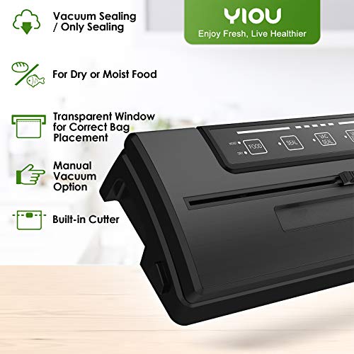 YIOU Vacuum Sealer Machine, Food Storage Machine, 80kPa Pro Vacuum Food Sealer for Food with Starter Kit, Dry Moist Mode Easy to Clean, Automatic Vacuum Sealer Machine, Black - Image 3