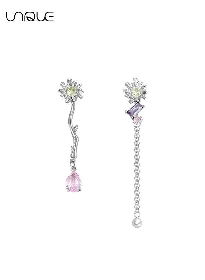 Unique Stud Earrings - Asymmetrical Long Tassel Stud Earrings - Flower Stud Earrings - Diamond Stud Earrings - Sleek and simple - Image 1