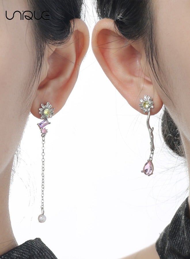 Unique Stud Earrings - Asymmetrical Long Tassel Stud Earrings - Flower Stud Earrings - Diamond Stud Earrings - Sleek and simple - Image 5