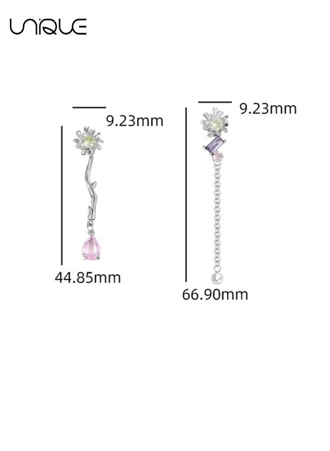 Unique Stud Earrings - Asymmetrical Long Tassel Stud Earrings - Flower Stud Earrings - Diamond Stud Earrings - Sleek and simple - Image 2