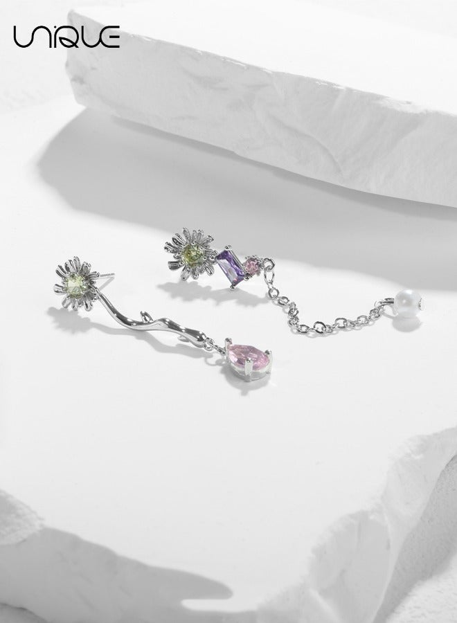 Unique Stud Earrings - Asymmetrical Long Tassel Stud Earrings - Flower Stud Earrings - Diamond Stud Earrings - Sleek and simple - Image 3