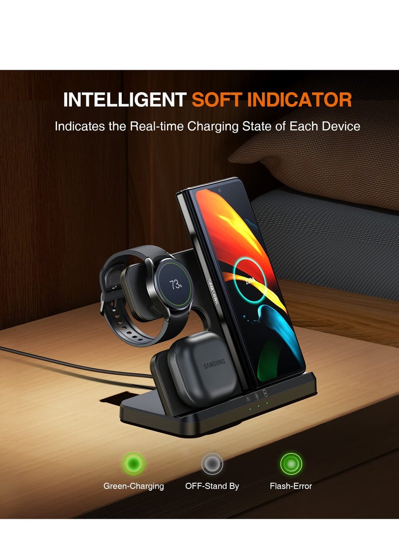 KASTWAVE محطة شحن لاسلكية 3 في 1 من سامسونج لشاحن لاسلكي لساعة جالكسي 4/3/أكتيف 2/1 متوافق مع سامسونج S22 Ultra S21 S20 Note20 Z Flip 4/3 Z Fold Galaxy Buds، أسود - Image 5