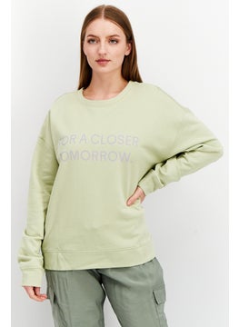 Women Crew Neck Graphic Sweater, Light Green