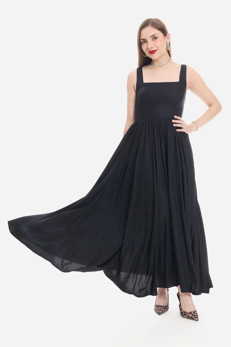 Virgio Solid Viscose Fit & Flare Maxi Dress for Women