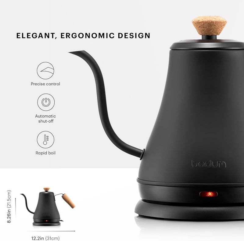 bodum غلاية كهربائية بيسرو بقدرة 27 أونصة مع عنق إوز، لتحضير القهوة والشاي، من الفولاذ المقاوم للصدأ، باللون الأسود غير اللامع - Image 3