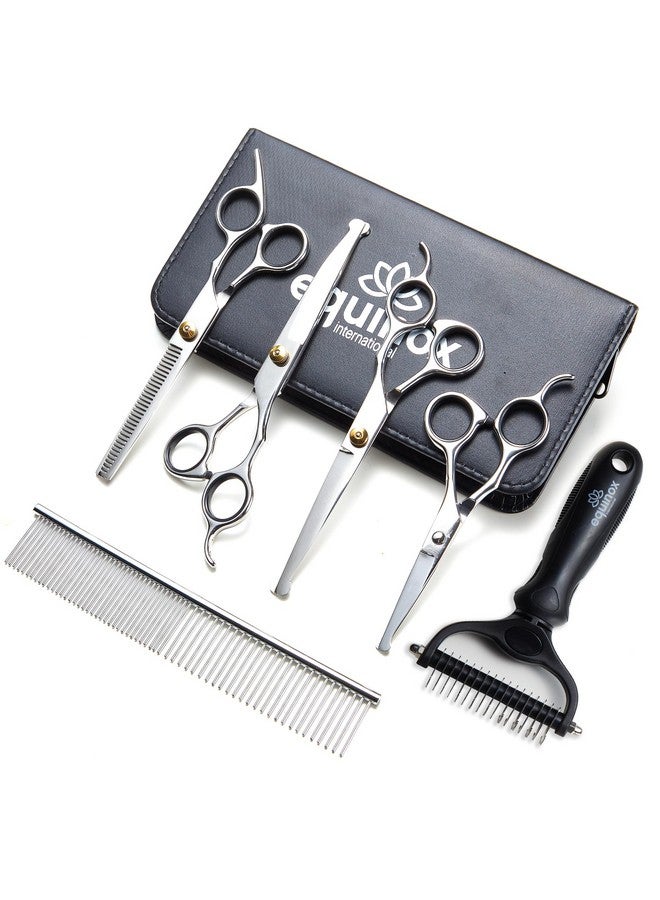 Equinox International Equinox Dog Grooming Scissors & Deshedder - 7 in 1 Pet Grooming Scissors Set with undercoat brush - Curved Dog Scissors with safety tips - Includes Thinning & Rounded Shears - For dogs & cats - Image 1