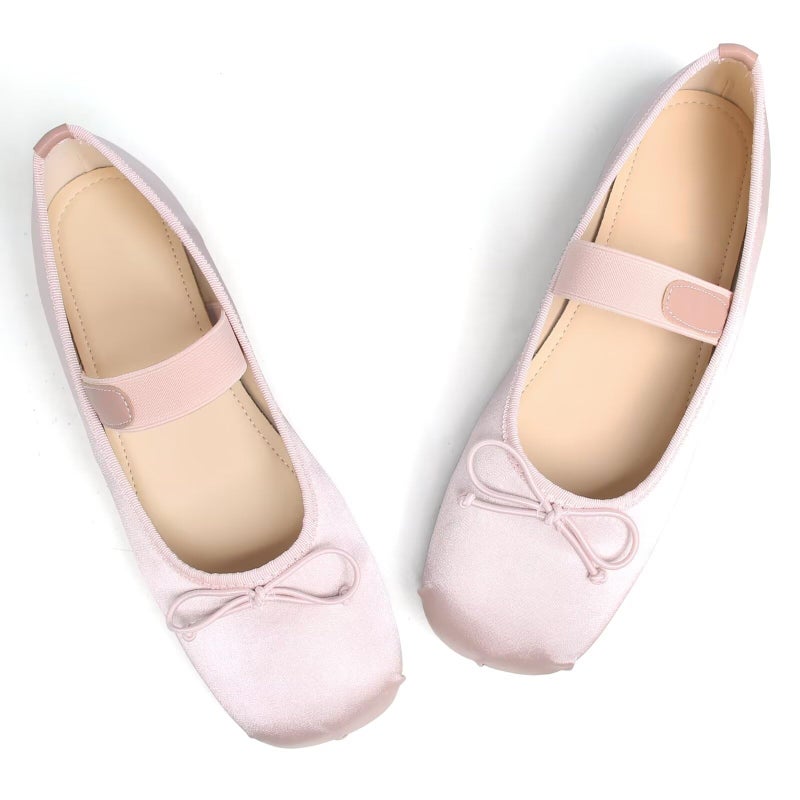 LUXINYU Cute Bowknot Mary Jane Shoes for Women Comfortable Square Toe Elastic Band Ballet Flats Satin Dress ShoesPink 65