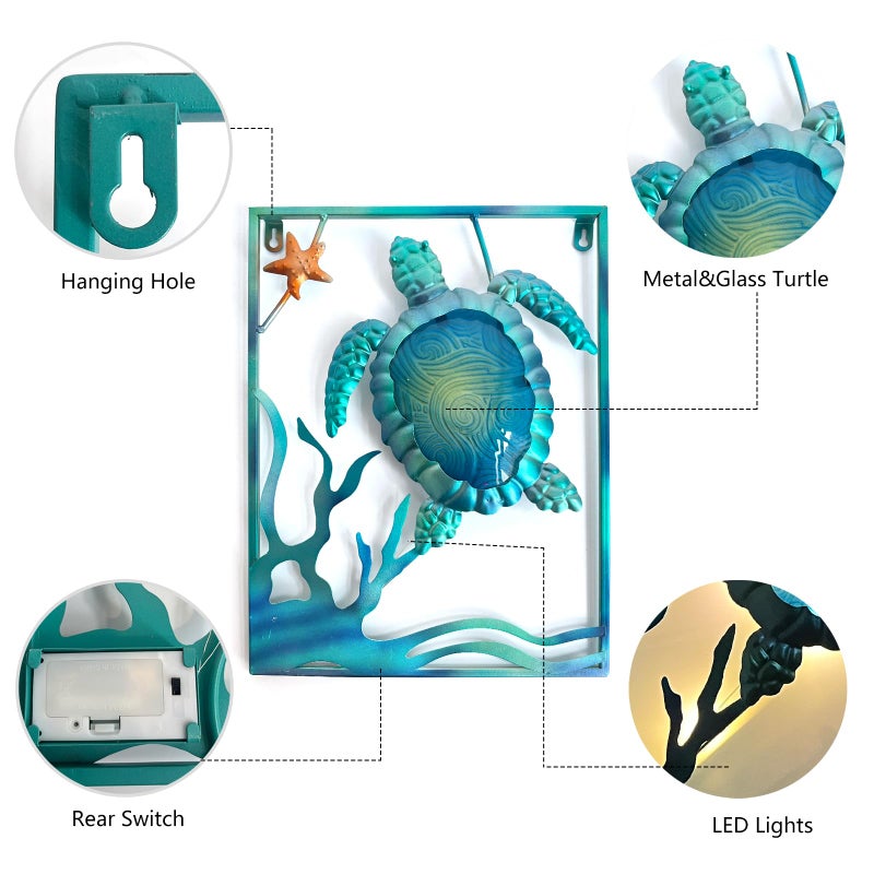 LIFFY Metal Sea Turtle Beach Themed Bathroom Wall Art Decor with Frame-Outdoor Wall Art with LED Fairy Lights, Fish Glass Art Wall Sculpture for Patio,Beach,Garden,Yard,Pool,home gift(2pcs, Blue) - Image 2