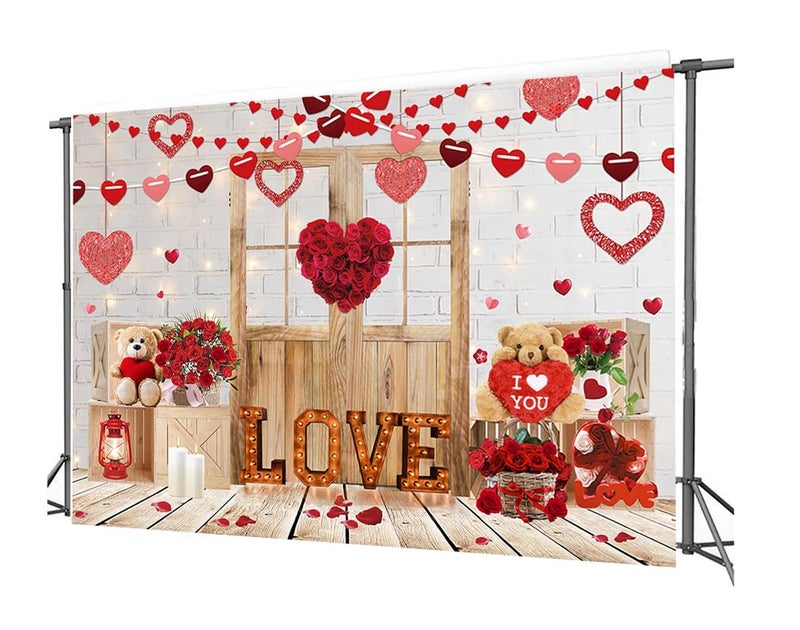 CHAIYA 7x5ft Happy Valentine's Day Photography Backdrops Brick Wall Wood Door and Red Rose Flower Love Heart Lights Background Valentine's Day Party Decorations Banner CY-293 - Image 2