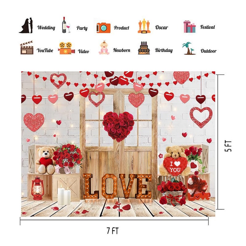 CHAIYA 7x5ft Happy Valentine's Day Photography Backdrops Brick Wall Wood Door and Red Rose Flower Love Heart Lights Background Valentine's Day Party Decorations Banner CY-293 - Image 3